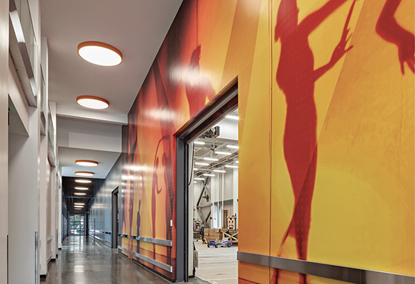 Surface mount RNDS with custom orange paint illuminating corridor with orange accent mural wall.