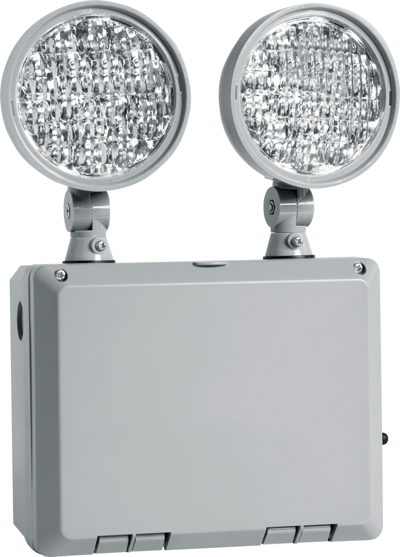 EMER/W: Wet location listed emergency light with ultra bright LED heads and remote capability features a sealed and gasketed housing with hinged cover and a sealed test switch.