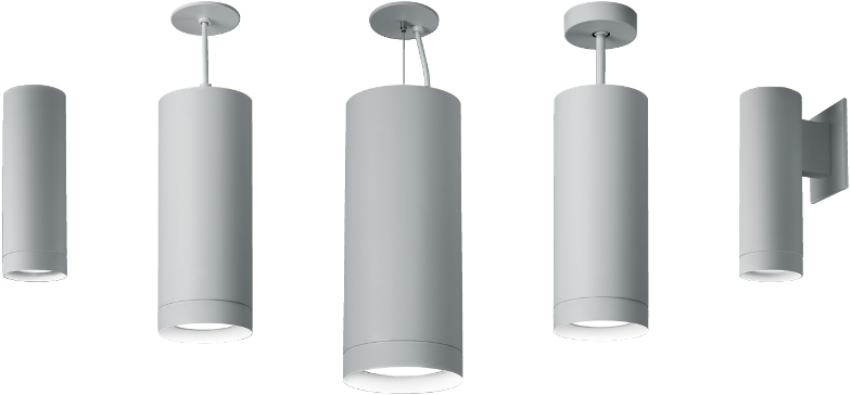 Multiple cylinder sizes showcasing surface, power cable, aircraft cable, pendant and wall mounting